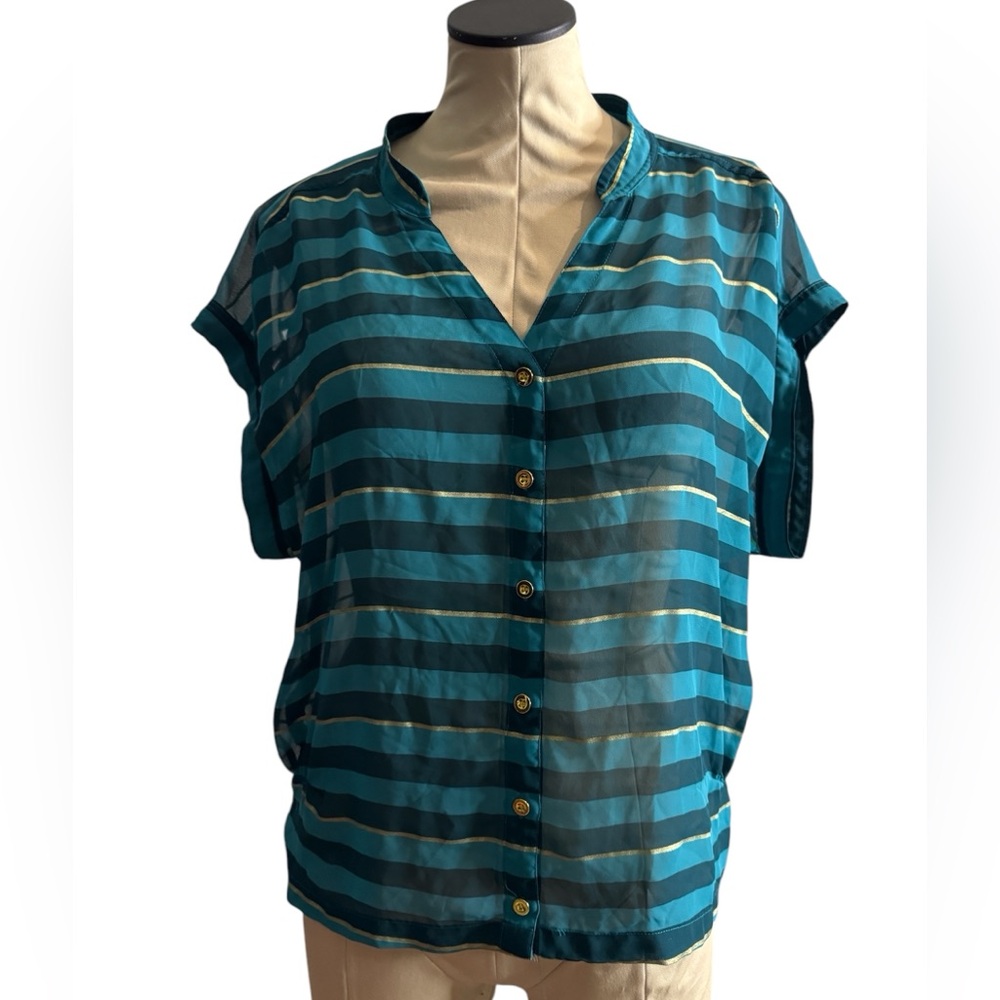 Teal and Gold Striped Sheer Button-Up Women's Top